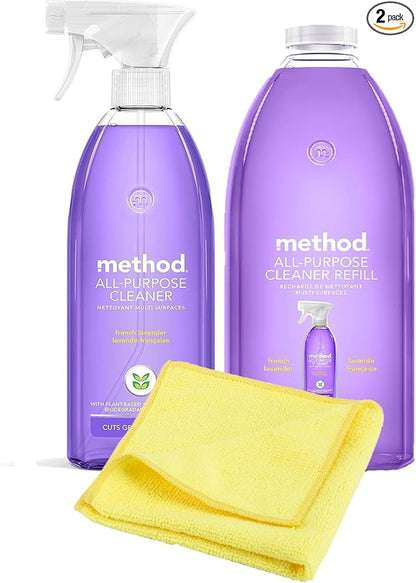Method All Purpose Cleaner Lavender, Method Multipurpose Cleaner Refill 68 oz. and Cleaner Spray Bottle 28 oz. with Microfiber Towel