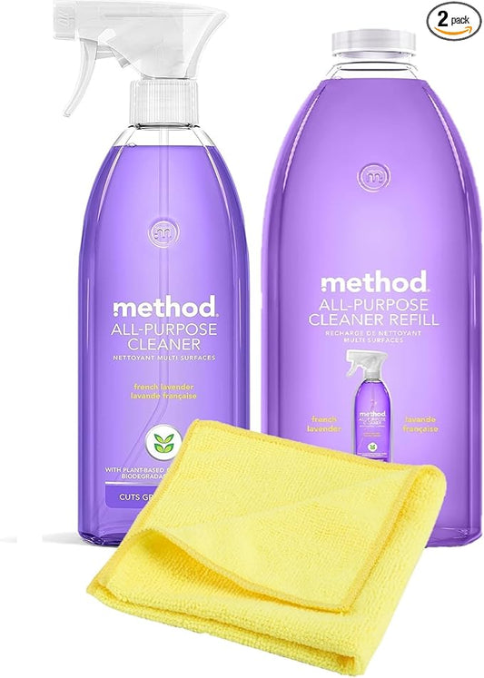 Method All Purpose Cleaner Lavender, Method Multipurpose Cleaner Refill 68 oz. and Cleaner Spray Bottle 28 oz. with Microfiber Towel