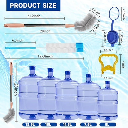11 Pack 28" Long Bottle Brush,3 & 5 Gallon Bottle Cleaner Brush, Water jug Brush with Bendable Replaceable Brush Heads, Nylon Bristles and Stainless Steel Handle Bucket Cleaning Brush