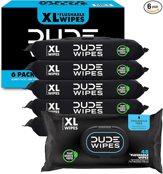 DUDE Wipes - Flushable Wipes Unscented - (6 Pack) 288 Wipes - Extra Large Wet Wipes Flushable - Vitamin-E & Aloe - Septic and Sewer Safe