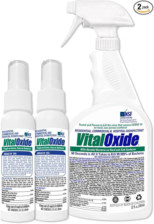 Vital Oxide Disinfectant, Deodorizer, Cleaner, Food-Contact Sanitizer, Virucide – (EPA registration #82972-1) – Kills Mold & Mildew, Eliminates Odors – 32 oz, & (2) 3 oz Bottles