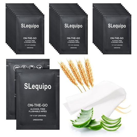 100 Pcs Flushable Wet Wipes, Aloe Vera for Butt, Hands, Face Cleaning, Sufficient Quantity, Individual Wrapped, Portable Size, Ideal for Daily Use, Plant Based, Black