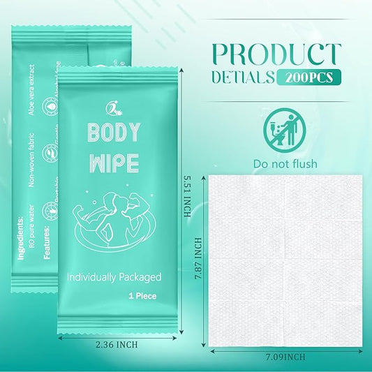 Timgle 200 Pcs Body Wipes Individually Wrapped Bath for Adults Face Hand Deodorant Body Wipes Pearl Pattern Wet Shower with Aloe Bathing Disposable Cleansing for Travel Gym Travel(Green Background)