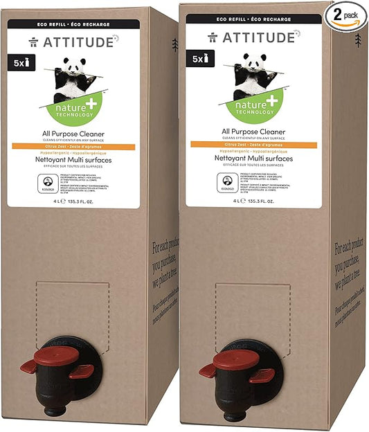 ATTITUDE All Purpose Cleaner, EWG Verified Multi-Surface Products, Vegan, Naturally Derived Multipurpose Cleaning Spray, Citrus Zest, Bulk Refill, 135.26 Fl Oz (Pack of 2)
