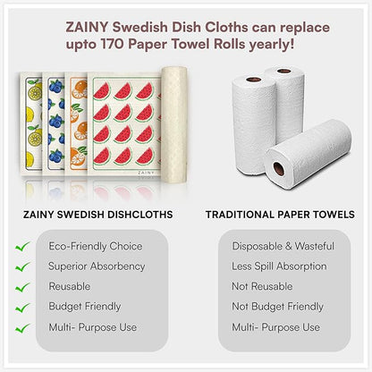 ZAINY 10 Swedish Dishcloths for Kitchen, Gifts for Mom and Mothers, Swedish Dish Cloths Reusable Paper Towels Washable, Cellulose Sponge Cloth & Cleaning Towel for Washing Dishes, Washcloths - Fruits