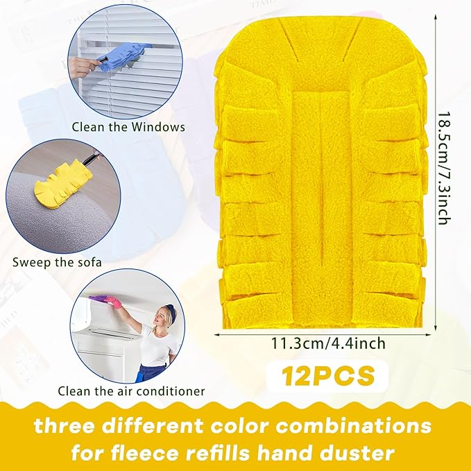 Zubebe 12 Pcs Heavy Duty Duster Refill Reusable Fleece Duster Refills Multi Surface Washable Cleaning Pads for Home, Blinds, Fans, Corners, Furniture (Purple,Light Blue,Yellow)