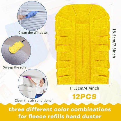 Zubebe 12 Pcs Heavy Duty Duster Refill Reusable Fleece Duster Refills Multi Surface Washable Cleaning Pads for Home, Blinds, Fans, Corners, Furniture (Purple,Light Blue,Yellow)