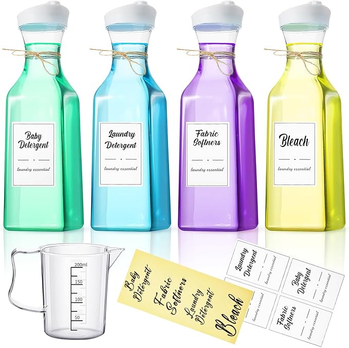 Hushee 4 Pcs Laundry Detergent Dispenser Bottle 51oz with Measure Cup Labels for Laundry Detergent Soap Fabric Softener Bleach Scent Booster Beads Bottle for Laundry Room Decor