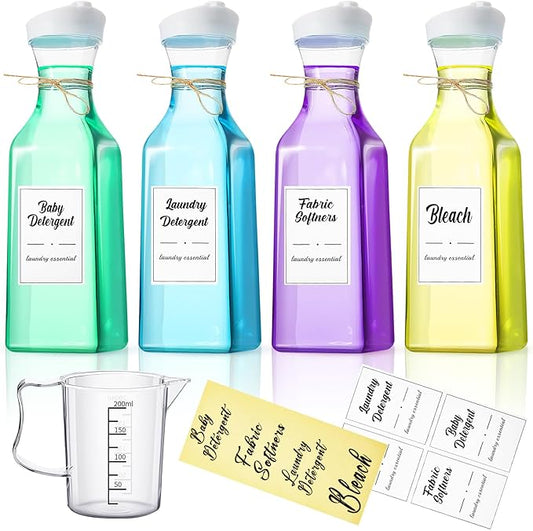 Hushee 4 Pcs Laundry Detergent Dispenser Bottle 51oz with Measure Cup Labels for Laundry Detergent Soap Fabric Softener Bleach Scent Booster Beads Bottle for Laundry Room Decor