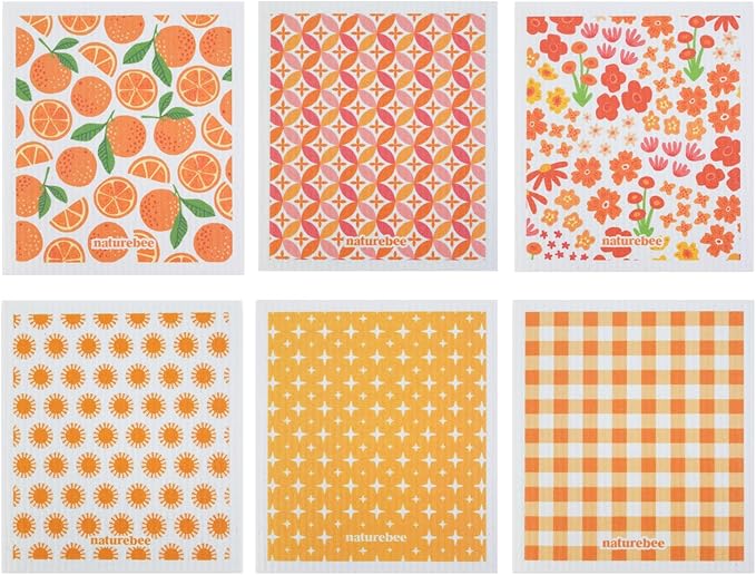Orange Swedish Sponge Dishcloth Pack of 6 - Reusable, Washable, Odor & Scratch Free, Made with Wood Cellulose & Cotton, Multi-Use for Dishes & Counters, Replaces 17 Rolls of Paper Towel