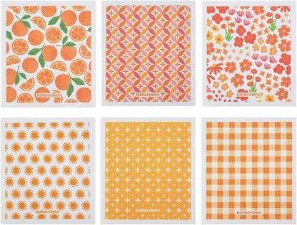 Orange Swedish Sponge Dishcloth Pack of 6 - Reusable, Washable, Odor & Scratch Free, Made with Wood Cellulose & Cotton, Multi-Use for Dishes & Counters, Replaces 17 Rolls of Paper Towel