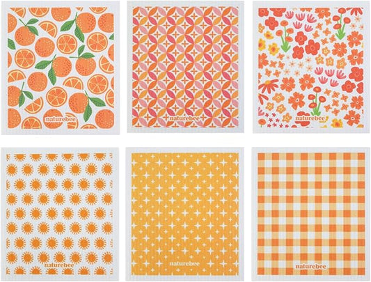 Orange Swedish Sponge Dishcloth Pack of 6 - Reusable, Washable, Odor & Scratch Free, Made with Wood Cellulose & Cotton, Multi-Use for Dishes & Counters, Replaces 17 Rolls of Paper Towel