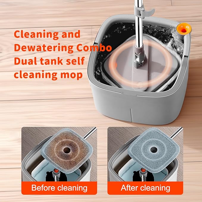 Spin Mop and Bucket Set with Self Separation System 360° Spinning Self-Wringing, Square Clean Mop and Bucket with Wringer-with Replaceable Mop (Light Grey Mop and Bucket Set 10pads)