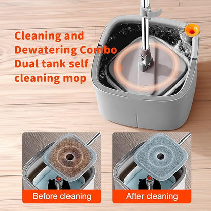 Spin Mop and Bucket Set with Self Separation System 360° Spinning Self-Wringing, Square Clean Mop and Bucket with Wringer-with Replaceable Mop (Light Grey Mop and Bucket Set 10pads)