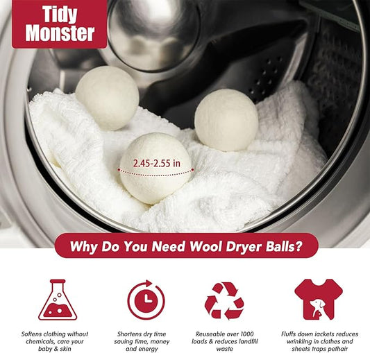 100% New Zealand Wool Dryer Balls L Size – 6 Pack, Organic & Chemical-Free Fabric Softener, Baby Safe & Hypoallergenic, Reduces Static, Wrinkles & Drying Time, Reusable for 1000+ Loads