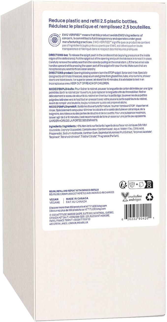 ATTITUDE Bathroom Cleaner, EWG Verified, Plant- and Mineral-Based Ingredients, Vegan Household Products, Citrus Zest, Bulk Refill, 67.6 Fl Oz