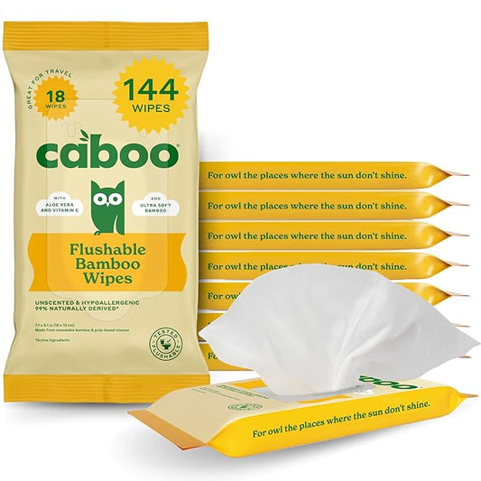 Caboo Tree Free Flushable Wipes, Travel Wipe, Certified Flushable, Septic Safe, Biodegradable Wipe for Adults, Pack of 8, Total of 144 Travel Toilet Wipes