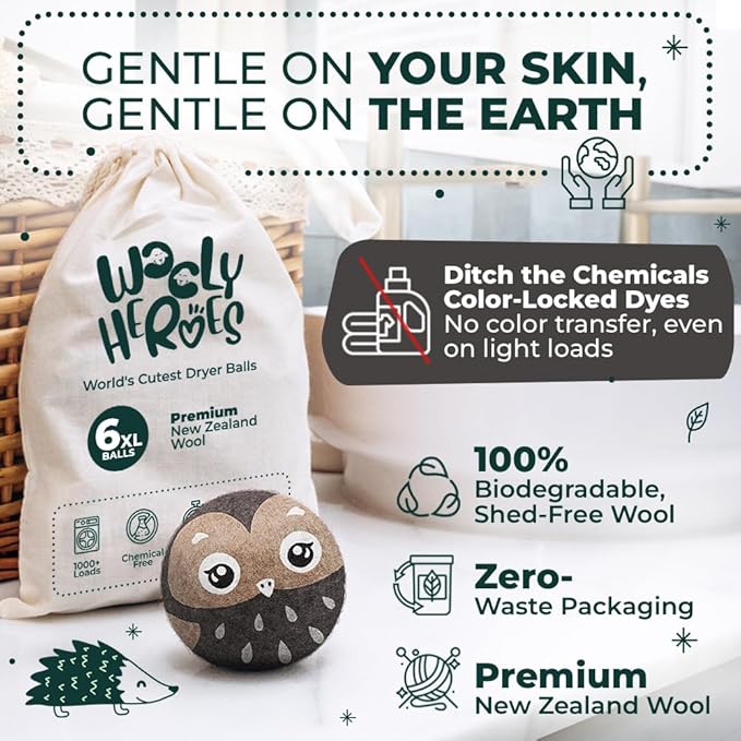 No More Dryer Sheets - Wool Dryer Balls - XL 6-Pack - Eco Dryer Balls - Dryer Balls Laundry Reusable - Softens Laundry Naturally - Reduces Drying Time & Static - with Storage Bag