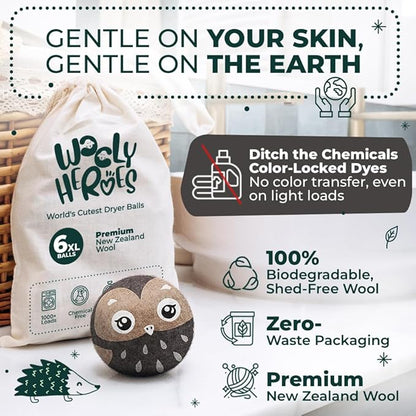 No More Dryer Sheets - Wool Dryer Balls - XL 6-Pack - Eco Dryer Balls - Dryer Balls Laundry Reusable - Softens Laundry Naturally - Reduces Drying Time & Static - with Storage Bag