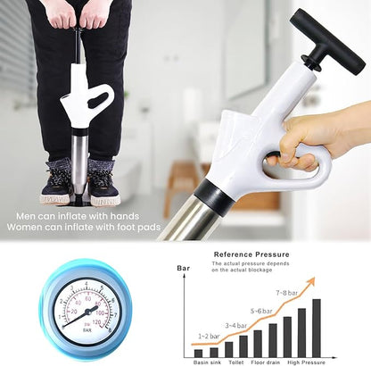 High Pressure Air Drain Gun with Real Time Barometer, Toilet Plunger Kit for Toilets, Floor Drains, Sewers, Pipes, Kitchen Sinks, Bathroom Dredges