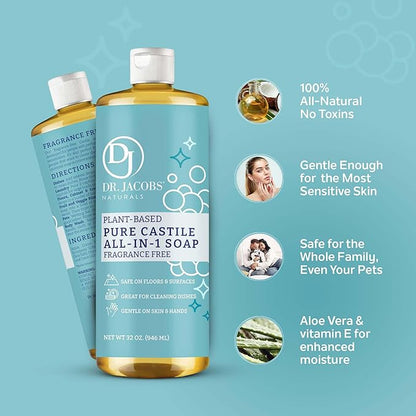 Dr. Jacobs Naturals Fragrance Free Castile All-In-One Cleaner and Soap, Effective Plant-Based Formula for House Cleaning. Eco-friendly for Home Essentials and the Planet (32 Fl Oz, 1 Pack)