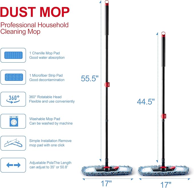 Microfiber Floor Hardwood Mop with 4 Washable Pads,Professional Dust Wet Mop,Flat Mop for Floor Cleaning Laminate Tile Marble Vinyl Kitchen Home