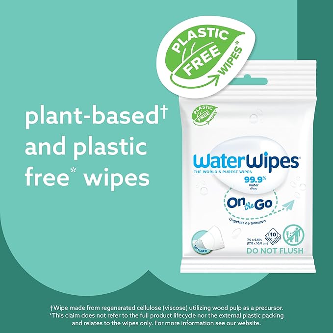 WaterWipes On The Go Wipes, 99.9% Water-Based Wipes for Travel, Sports, and to Refresh Skin, Unscented & Hypoallergenic, 100 Count (10 Packs)