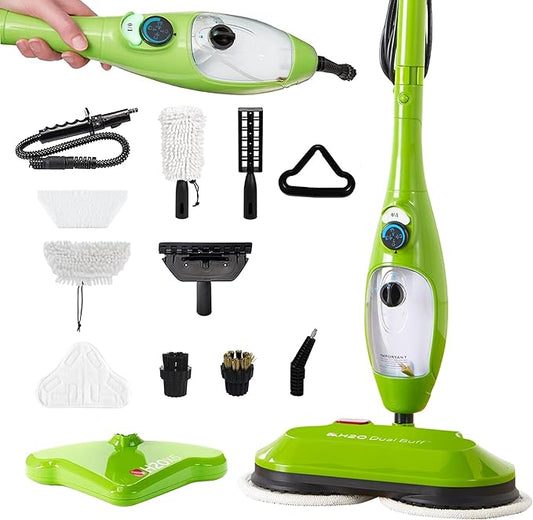 H2O MOP® X5 Dual Buff Steam Mop, 8 in 1 Handheld Steam Cleaner For Kitchen Tile Floors, Hardwood Floors, Grout Cleaner, Upholstery Cleaner and Carpets, 2 washable scrub pads, 11 cleaning accessories