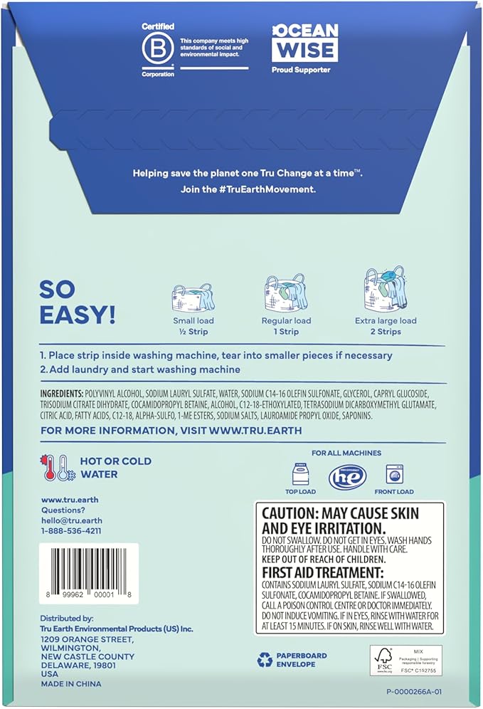 Tru Earth Hypoallergenic, Eco-friendly & Biodegradable Plastic-Free Laundry Detergent Sheets/Eco-Strips for Sensitive Skin, 32 Count (Up to 64 Loads), Fragrance-Free