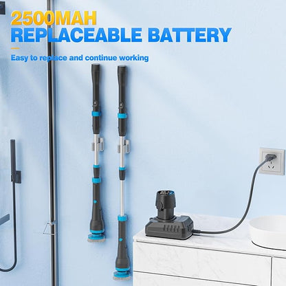 1200RPM Electric Scrubber with 12V Battery, 49 Inch Handle, 8 Brush Heads, Ideal for Arthritis, Cleans Bath/Shower/Tub/Floor