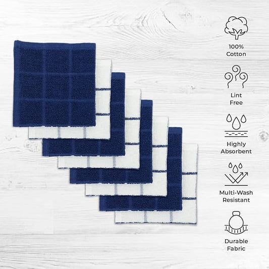 100% Cotton Dish Cloth for Dish Washing, Terry Dish Cloth, Cotton Dish Rags, 8 Pack, Super Soft and Absorbent, 12"x12" inches, Reusable Cleaning Cloth, Navy (Solid and Check)