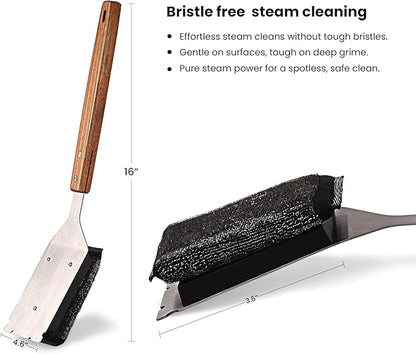 Grill Scrubber and Scraper for Barbecue with Replaceable Scrubber Head – Grill Cleaner for Outdoor Grill with Extended 16” Large Wooden Handle -No Scratch on Grill by Dhampooh