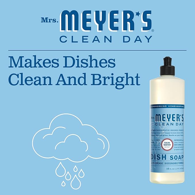MRS. MEYER'S CLEAN DAY Liquid Dish Soap, Biodegradable Formula, Rain Water, 16 fl. oz - Pack of 3