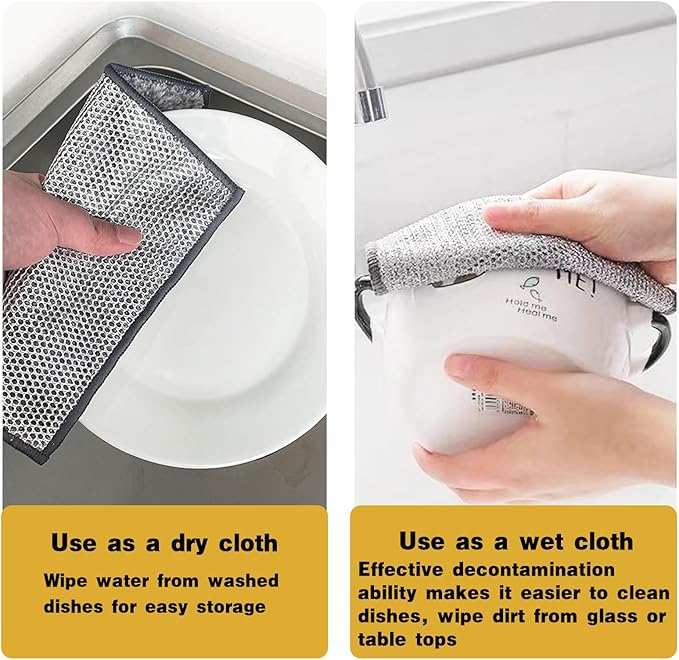 12 Pcs Upgraded 2-Layer Bamboo Charcoal Fibre Non Scratch Wire Dishcloth,Multipurpose Wire Dishwashing Rags for Wet and Dry for Dishes, Sinks, Stove Tops