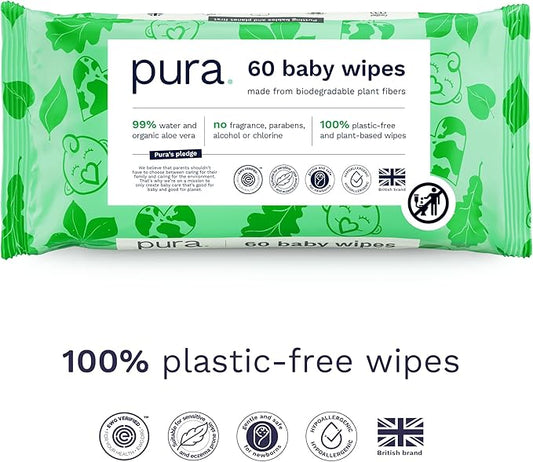 Pura Natural Sensitive Baby Wipes, 99% Water, Unscented & Hypoallergenic, Suitable for Sensitive & Eczema-prone Skin, Fragrance Free & Hypoallergenic, EWG Verified, 1 Pack of 60 Wet Wipes