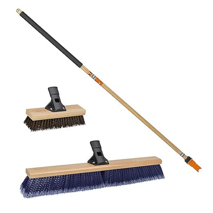 SWOPT 10" Rough Surface Deck Brush, 24" Multi-Surface Push Broom + 60" EVA Foam Comfort Grip Wooden Handle, Broom Kit Combo — 2 Cleaning Heads and Long Handle Interchangeable with SWOPT Cleaning Head