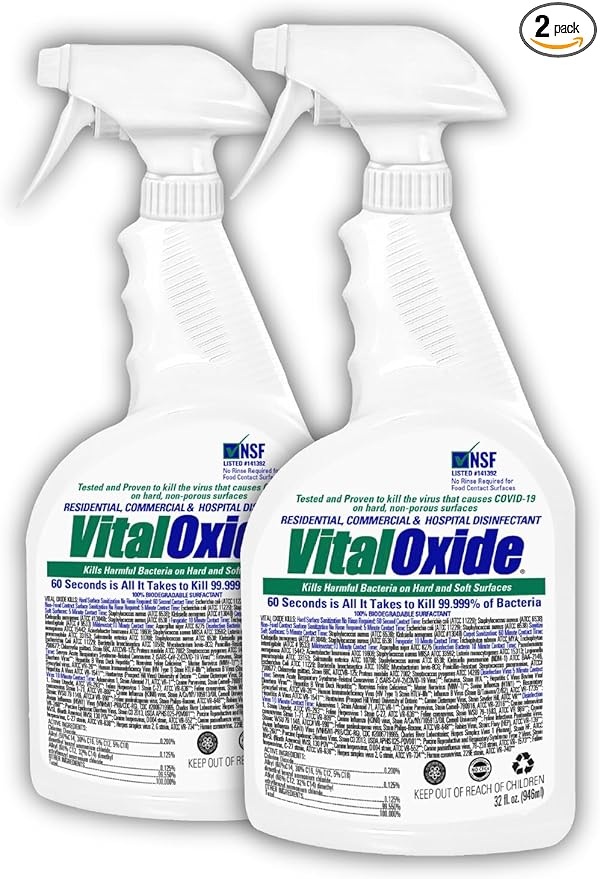 Vital Oxide Disinfectant, Deodorizer, Cleaner, Food-Contact Sanitizer, Virucide – (EPA registration #82972-1) – Kills Mold & Mildew, Eliminates Odors –32 oz, 2 Pack