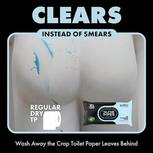 DUDE Wipes - Medicated Flushable Wipes - 1 Pack, 48 Wipes - Unscented Extra-Large Adult Wet Wipes - Medicated Witch Hazel - Septic and Sewer Safe Medicated Wipes