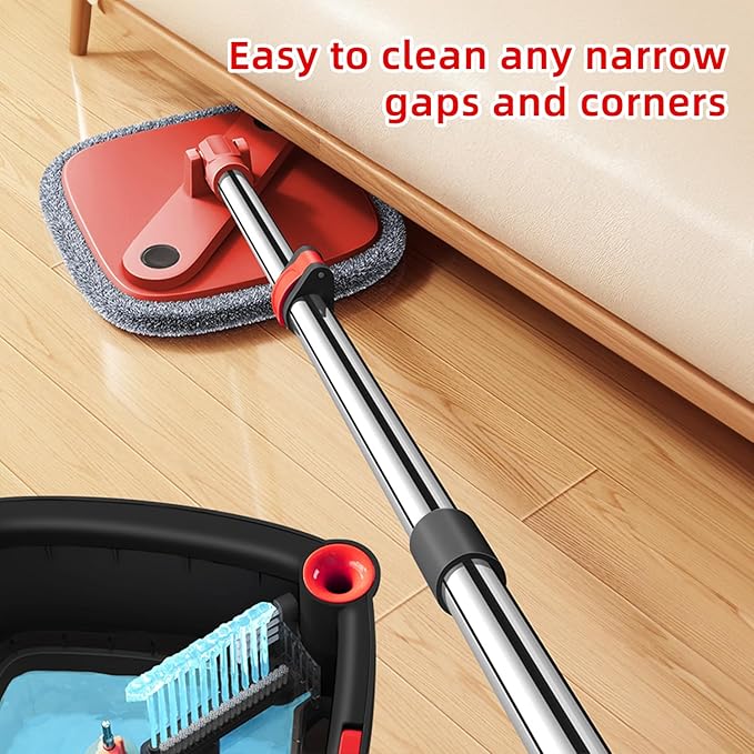 Spin Mop and Bucket Set with Separation Dirty and Clean Water System, Self Wringing 360° Rotating Clean Mop-Head and Bucket Set for Hardwood Tile Marble Floor with 6Pads-Black+Red