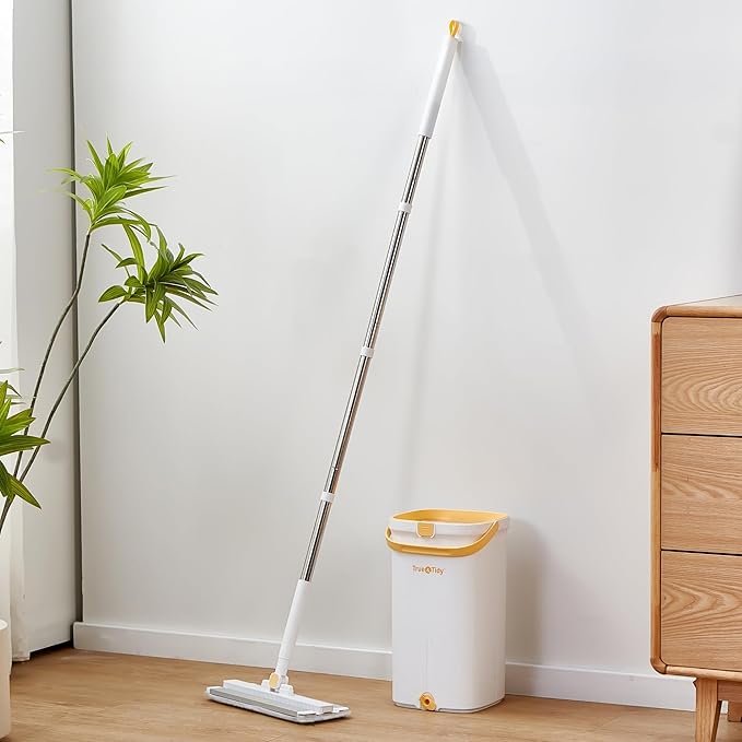 True & Tidy® TrueClean Mop & Bucket Spin Mop Pump System, Patent Pending 3 Compartments Separate Clean & Dirty Water, Hands-Free Self-Wringing Aluminum Head, Machine Washable Pads, in Gift Box