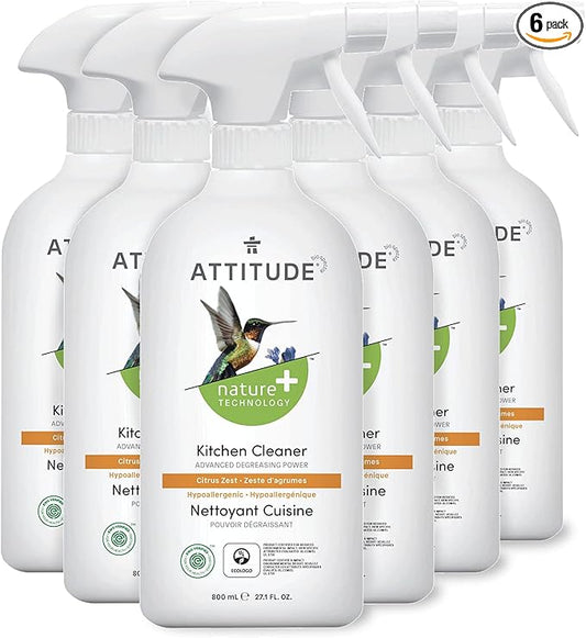 ATTITUDE Kitchen Cleaner, EWG Verified, Advanced Degreasing Power, Plant and Mineral-Based, Vegan, Citrus Zest, 27.1 Fl Oz (Pack of 6)