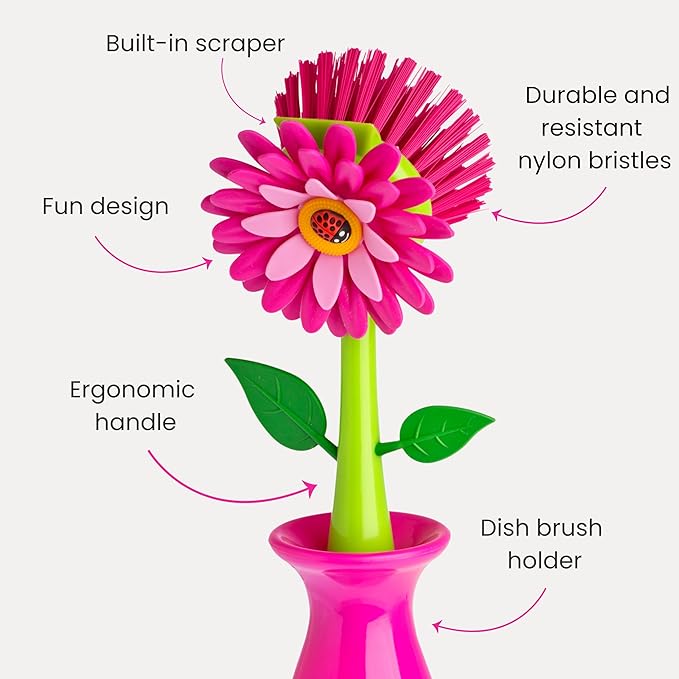 Vigar Flower Power Pink Dish Brush with Vase, 10-Inches, Pink, Green