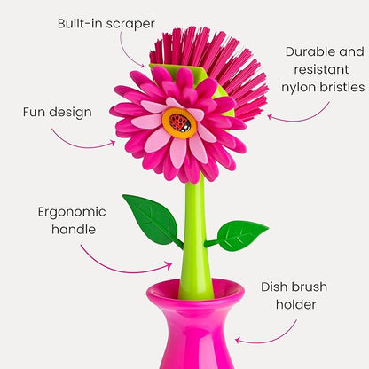 Vigar Flower Power Pink Dish Brush with Vase, 10-Inches, Pink, Green