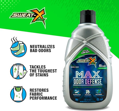 Sweat X Original Max Odor Defense Laundry Detergent – Remove the Worst Odors & Toughest Stains – High Performance Sports Wash for Training Gear & All Fabric Types – 45 Loads – 2 Pack