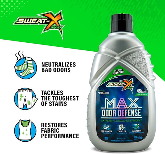 Sweat X Original Max Odor Defense Laundry Detergent – Remove the Worst Odors & Toughest Stains – High Performance Sports Wash for Training Gear & All Fabric Types – 45 Loads – 2 Pack