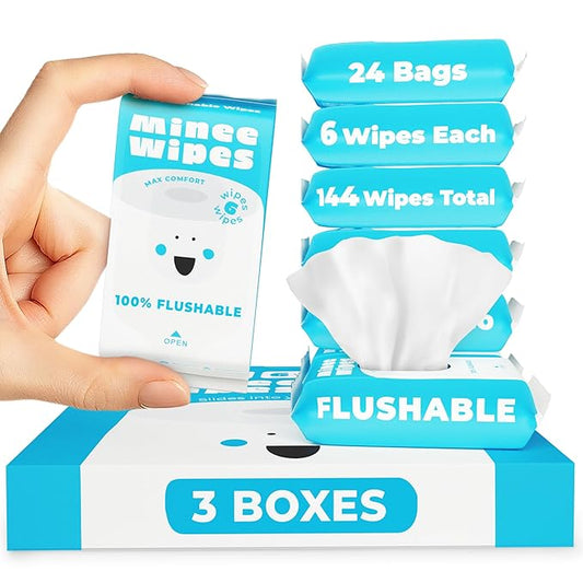 Impossibly Compact Travel Flushable Wipes with Natural Extracts - Skin-Friendly Wet Wipes, Hypoallergenic & Unscented Travel Size Butt Wipes for Adults, Kids & Baby Care - 24 Pack Total 144 Wipes