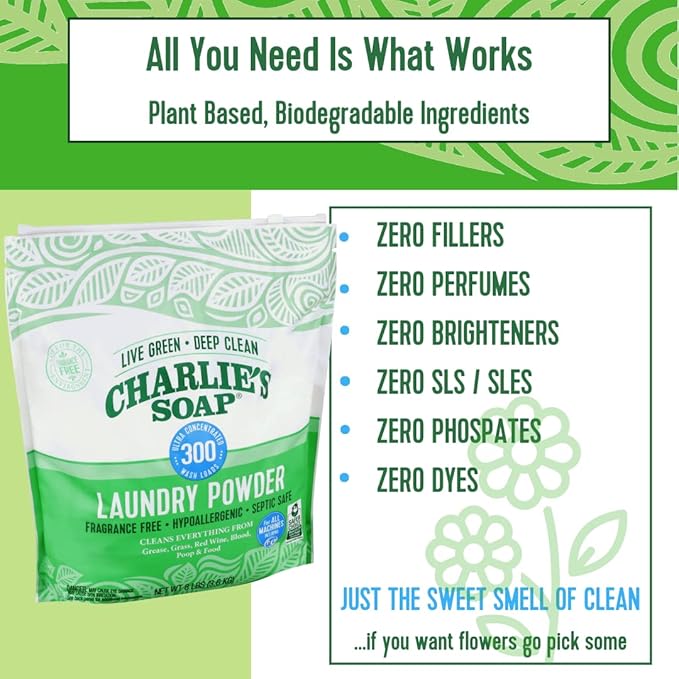 Charlie's Soap Hypoallergenic Laundry Powder 8lb Bag, Pack of 2, 600 Loads Total, Deep Cleaning Washing Detergent – Eco-Friendly, Safe, and Effective