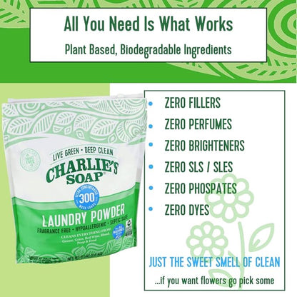 Charlie's Soap Hypoallergenic Laundry Powder 8lb Bag, Pack of 2, 600 Loads Total, Deep Cleaning Washing Detergent – Eco-Friendly, Safe, and Effective