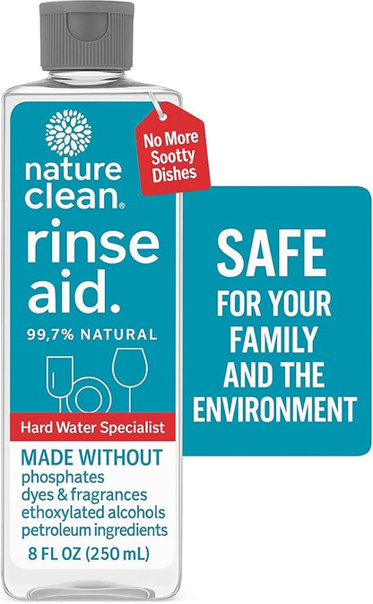 Nature Clean Natural Dishwasher Rinse Aid Liquid with 99.7% Plant-Based Ingredients, Unbelievable Power with No Nasty Chemicals. Dishwasher Drying Agent. Hard Water Stain Remover. 8 oz. (12 pack)