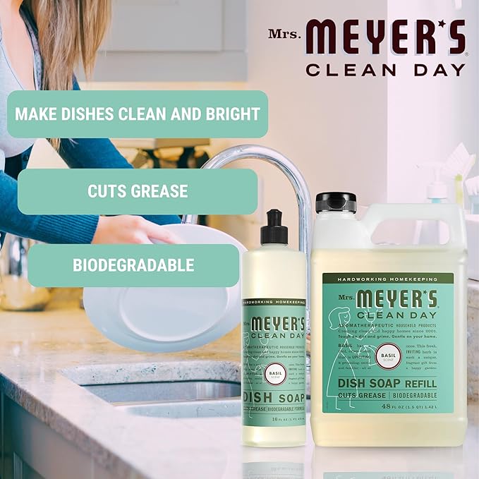 Mrs. Meyer's Basil Dish Soap Set - 16oz Bottle, 48oz Refill, and Dual-Sided Microfiber & Scrubbing Towel